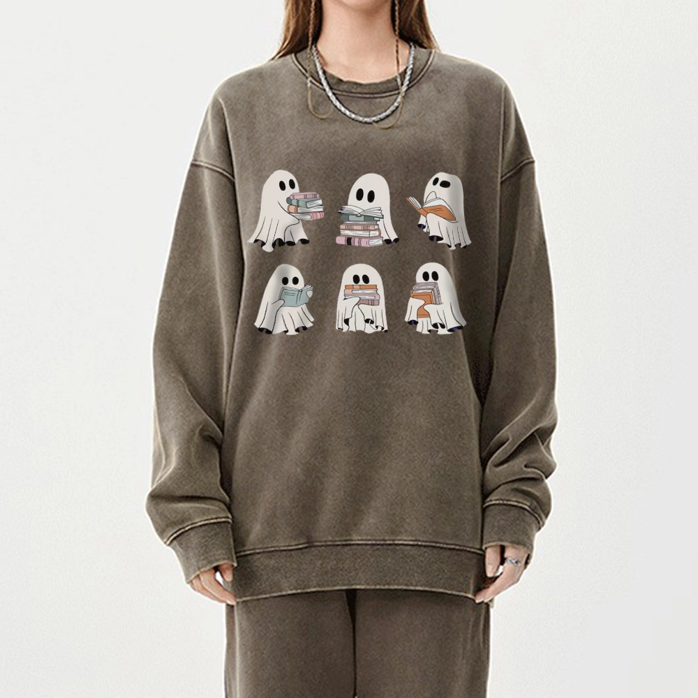 Pagewings Ghost Reading Halloween Unisex Washed Sweatshirt
