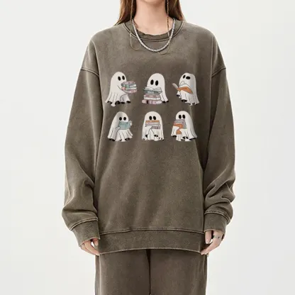 Pagewings Ghost Reading Halloween Unisex Washed Sweatshirt