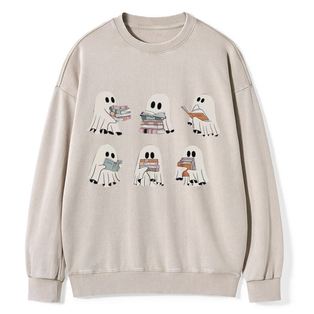 Pagewings Ghost Reading Halloween Unisex Washed Sweatshirt