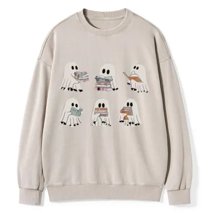 Pagewings Ghost Reading Halloween Unisex Washed Sweatshirt