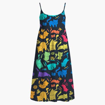 Pagewings Book Cat Lover Printed Spaghetti Strap Midi Sundress