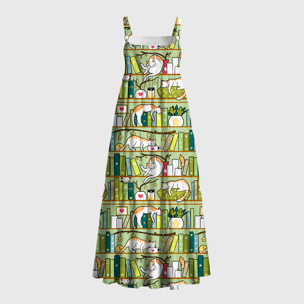 Pagewings Square Neck Cat Bookshelf Maxi Dress