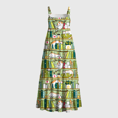 Pagewings Square Neck Cat Bookshelf Maxi Dress