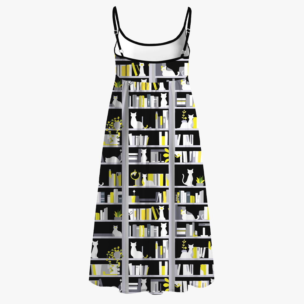 Pagewings Cat Bookish Lover Printed Spaghetti Strap Midi Sundress