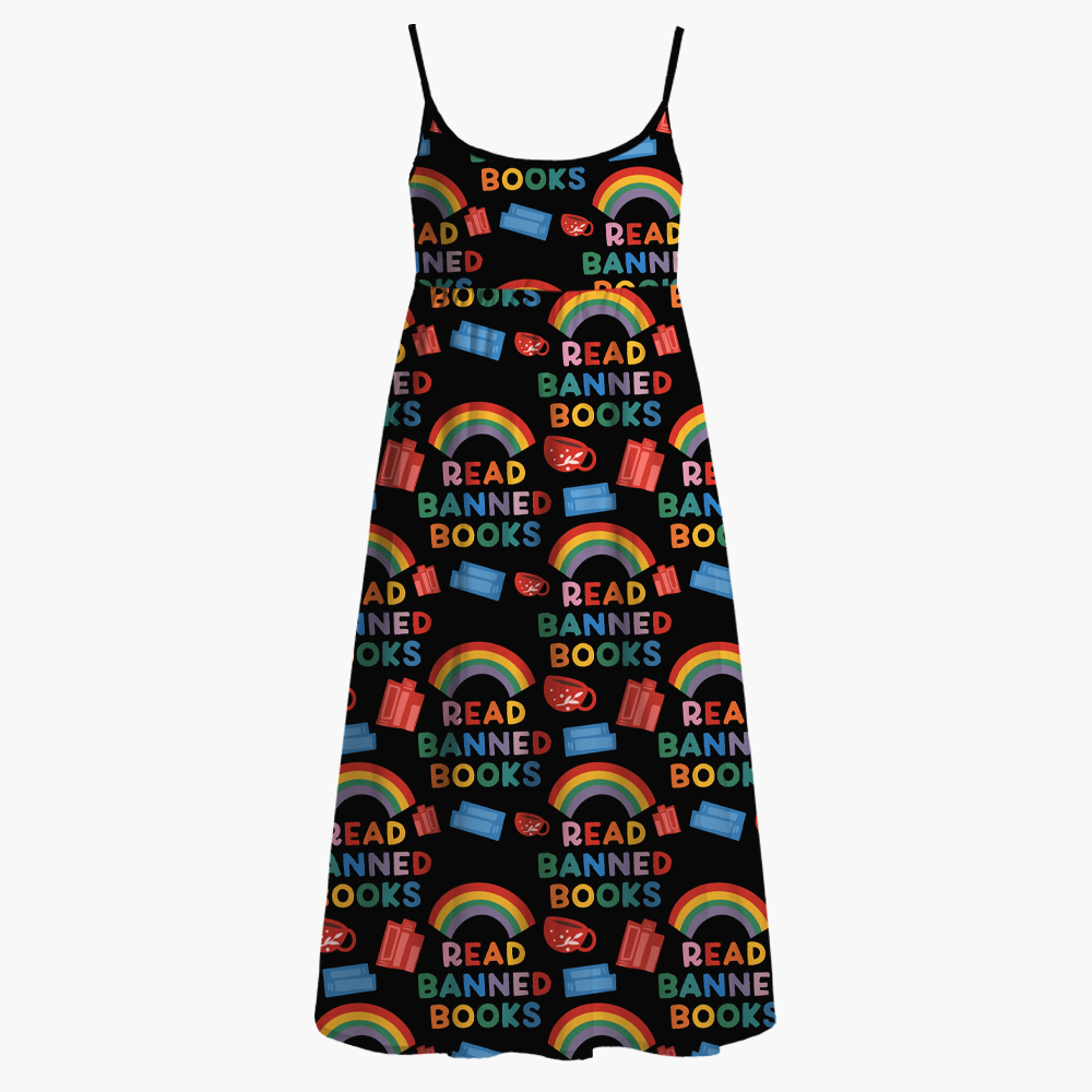 Pagewings Read Banned Books Rainbow Reading Month  Printed Spaghetti Strap Midi Sundress