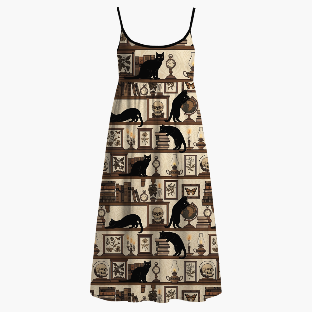 Pagewings Square Neck Cat Lover Printed Spaghetti Strap Midi Sundress