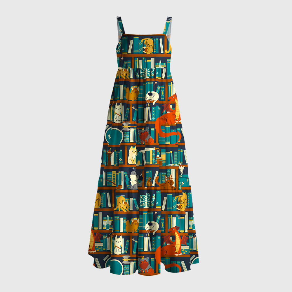 Pagewings Square Neck Reading Cat Maxi Dress
