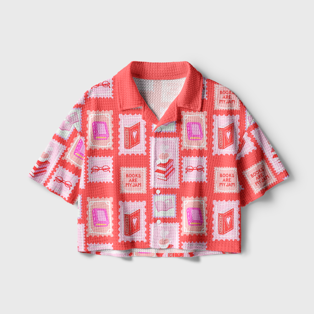 Pagewings Books Are My Jam Camp Collar Boxy Fit Unisex Crochet Shirt