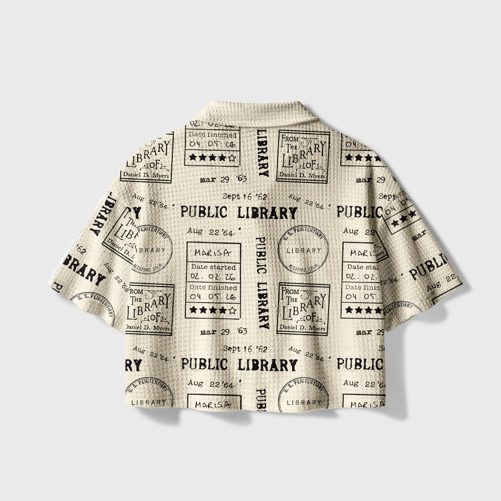 Pagewings Public Library Camp Collar Boxy Fit Unisex Crochet Shirt