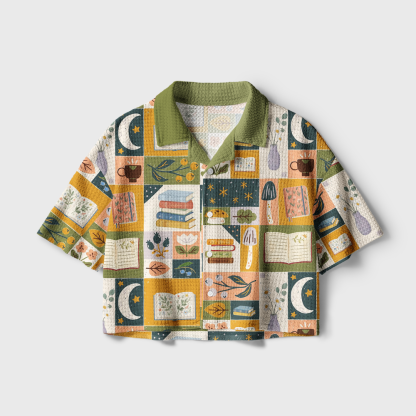 Pagewings Plant Floral Camp Collar Boxy Fit Unisex Crochet Shirt