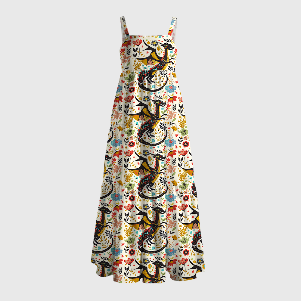Pagewings Square Neck Fantasy Dragon Maxi Dress