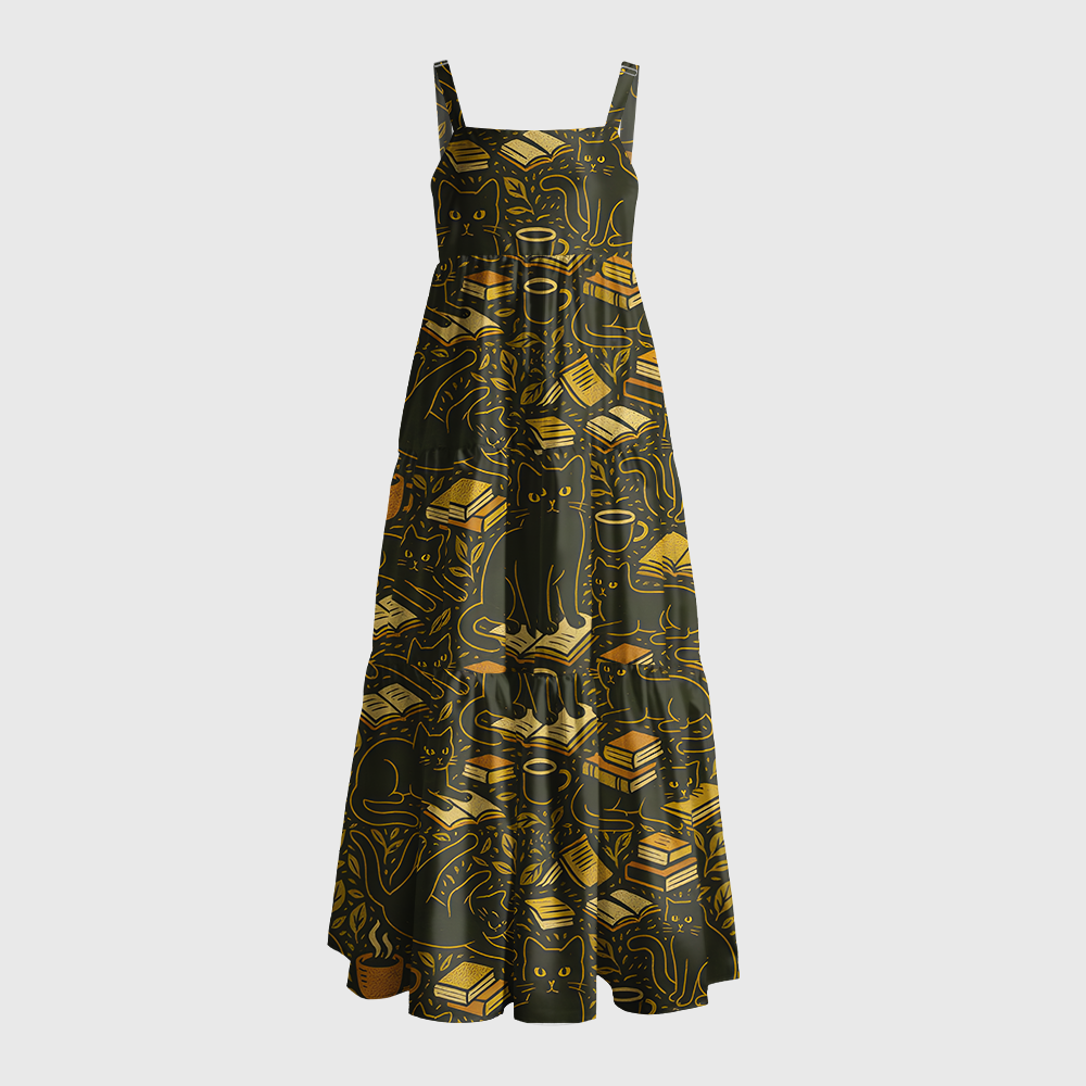 Pagewings Square Neck Bookish Cat Reader Maxi Dress