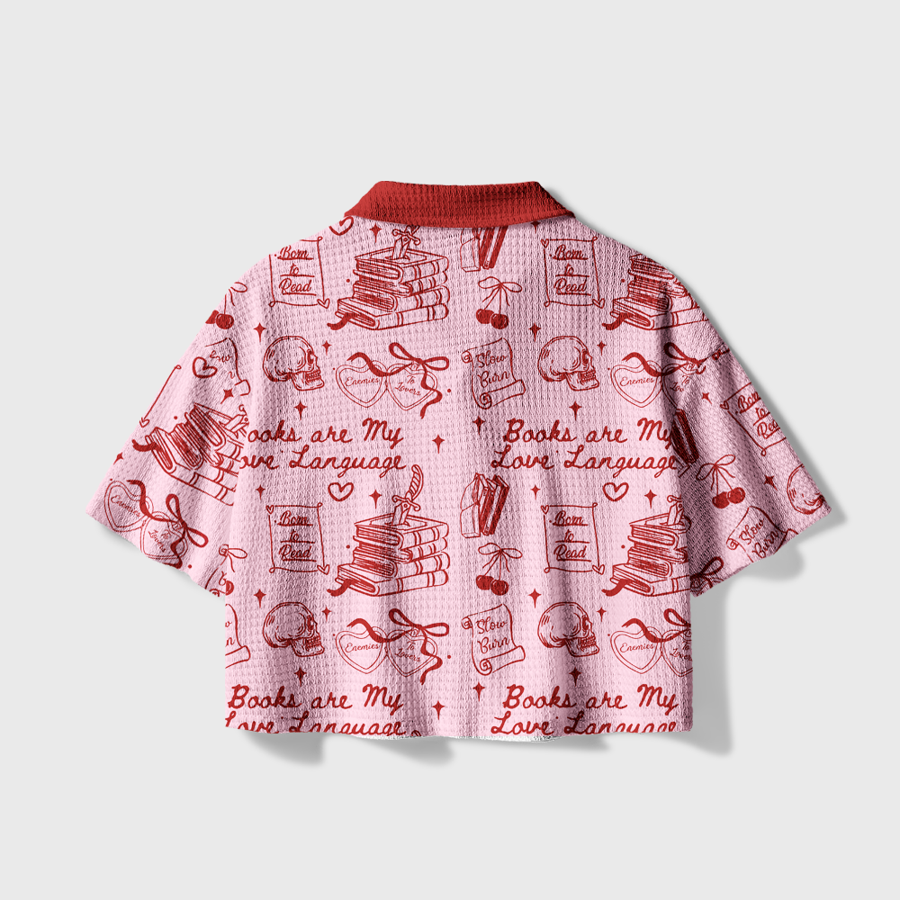 Pagewings Books Are My Love Language Camp Collar Boxy Fit Unisex Crochet Shirt