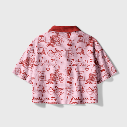 Pagewings Books Are My Love Language Camp Collar Boxy Fit Unisex Crochet Shirt