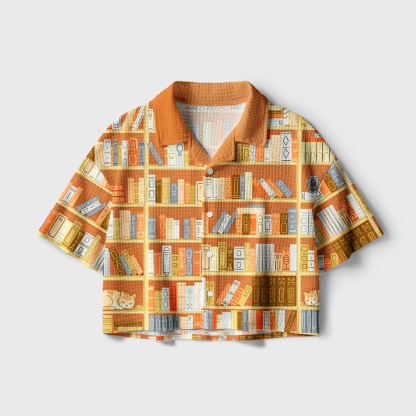 Pagewings Read More Books Camp Collar Boxy Fit Unisex Crochet Shirt