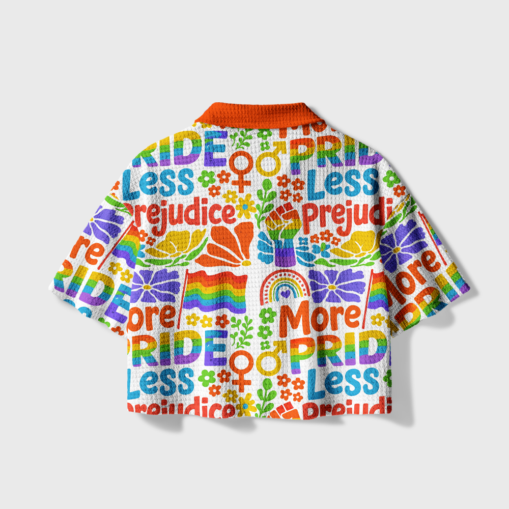 Pagewings More Pride Less Prejudice Rainbow Camp Collar Boxy Fit Unisex Crochet Shirt
