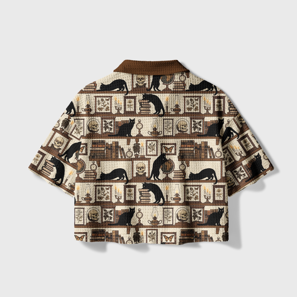 Pagewings Vintage Library Cat Camp Collar Boxy Fit Unisex Crochet Shirt
