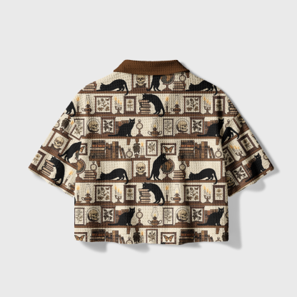 Pagewings Vintage Library Cat Camp Collar Boxy Fit Unisex Crochet Shirt