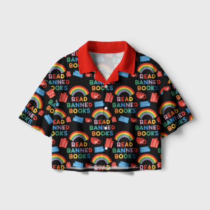 Pagewings Read Banned Books Rainbow  Camp Collar Boxy Fit Unisex Crochet Shirt