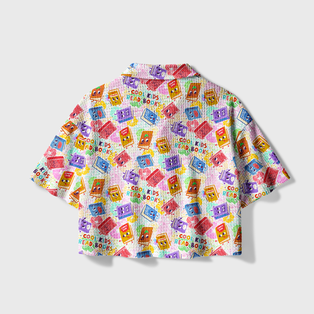 Pagewings Cool Kids Read Books Camp Collar Boxy Fit Unisex Crochet Shirt