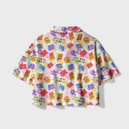 Pagewings Cool Kids Read Books Camp Collar Boxy Fit Unisex Crochet Shirt