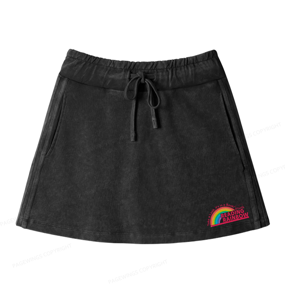 Pagewings Reading With Rainbow Women Drawstring Washed Mini Skirts