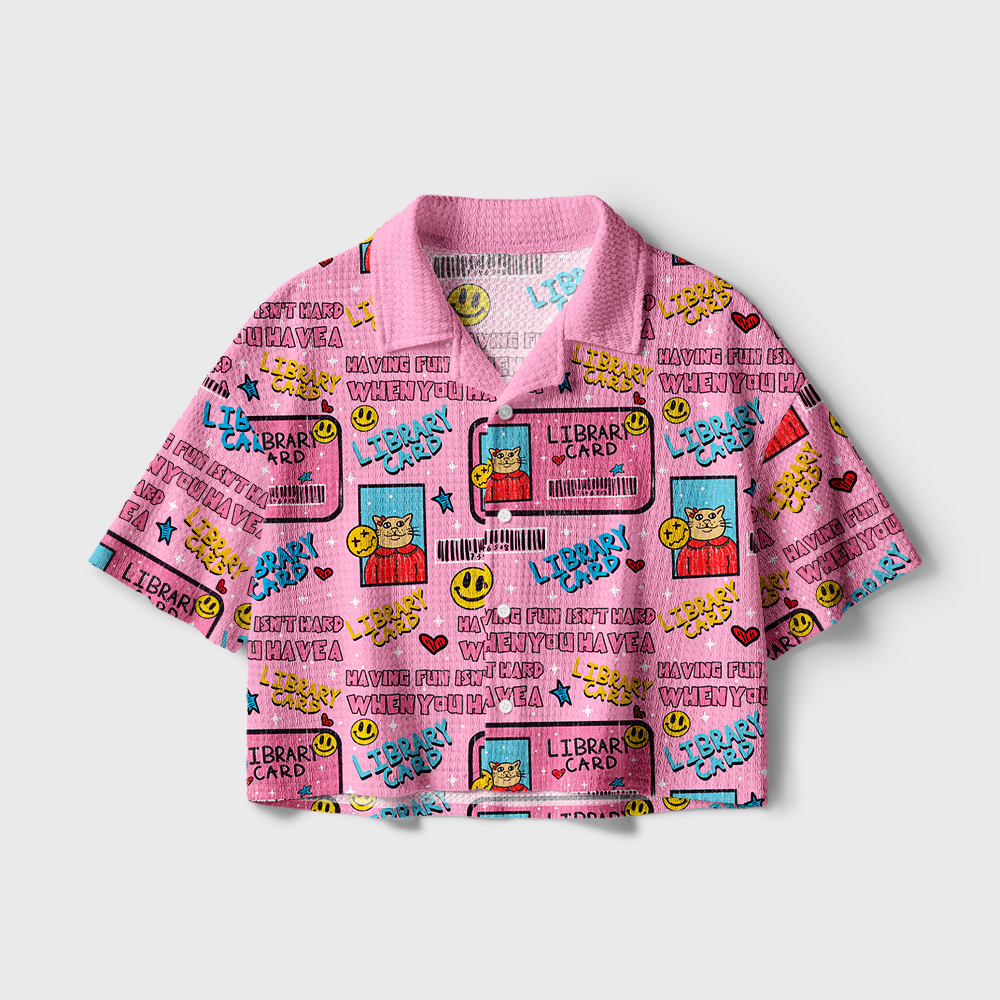 Pagewings Retro Bookish Cat Camp Collar Boxy Fit Unisex Crochet Shirt