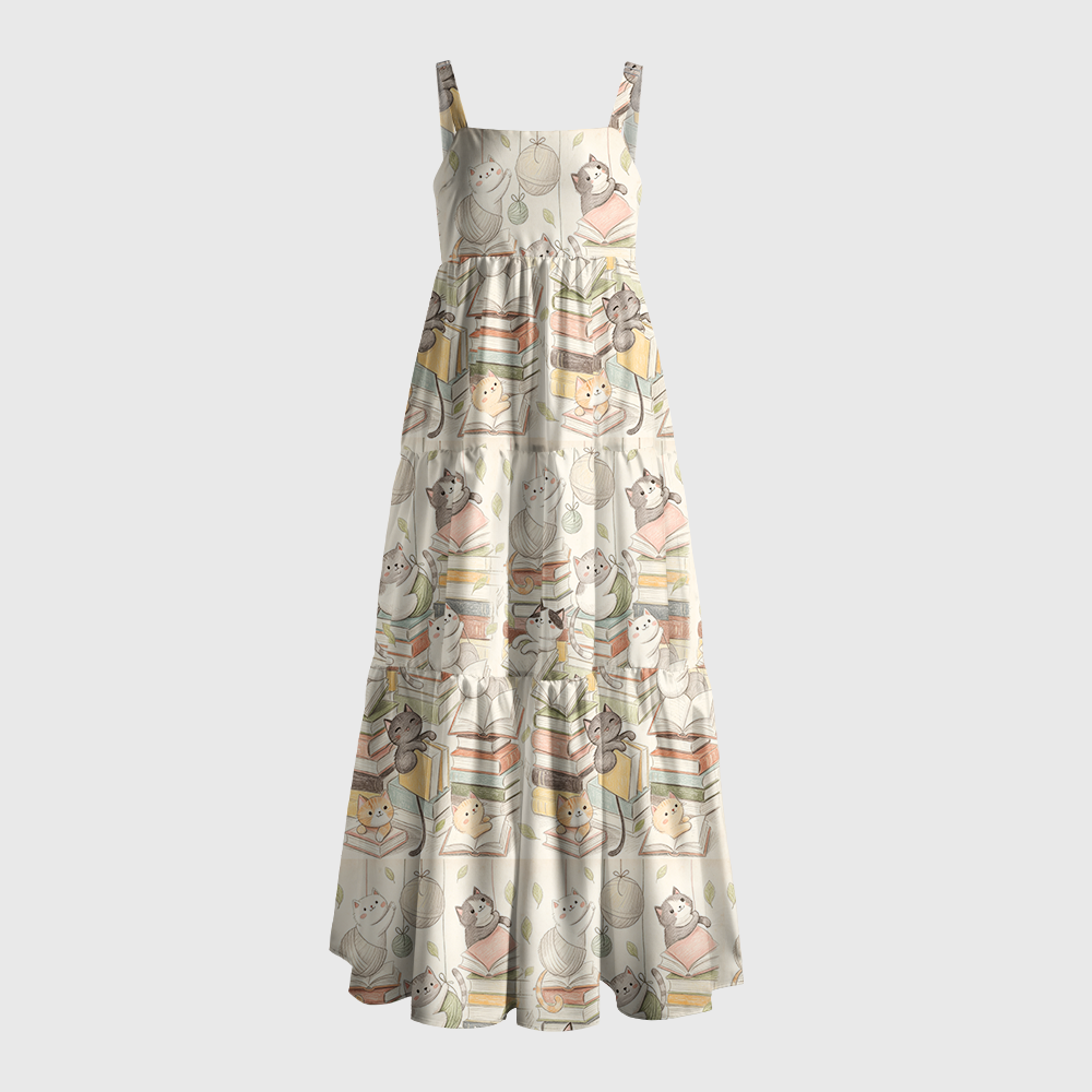 Pagewings Square Neck Bookish Cat Maxi Dress