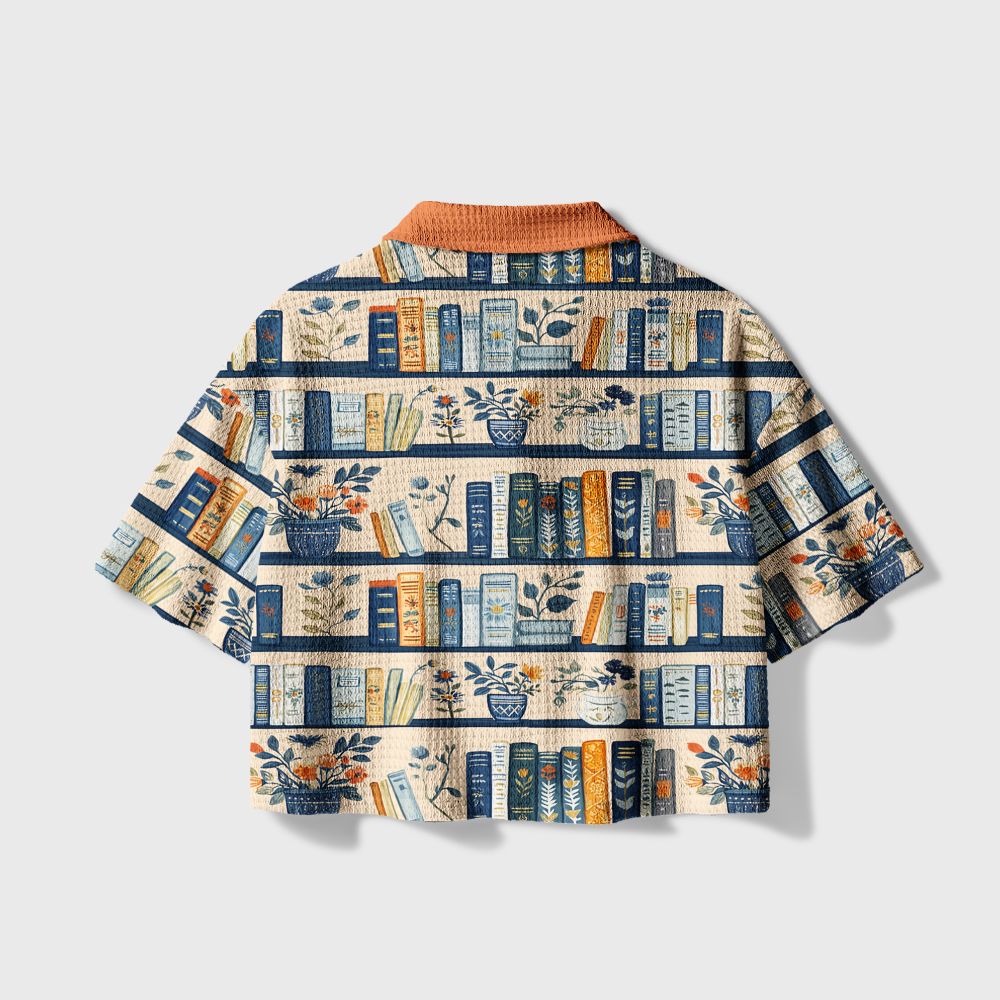 Pagewings Book Shelf Camp Collar Boxy Fit Unisex Crochet Shirt
