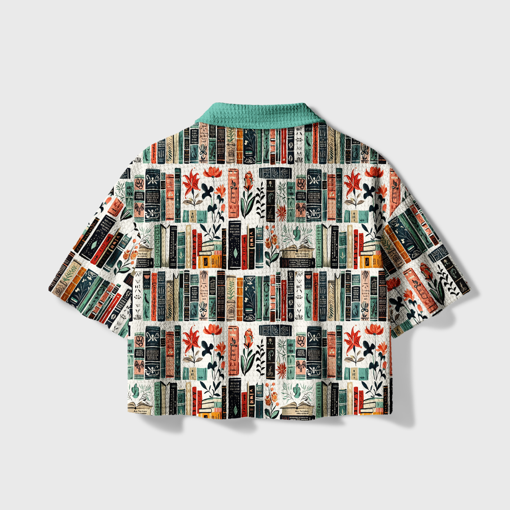 Pagewings Cozy Library Bookshelf Camp Collar Boxy Fit Unisex Crochet Shirt