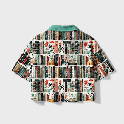 Pagewings Cozy Library Bookshelf Camp Collar Boxy Fit Unisex Crochet Shirt