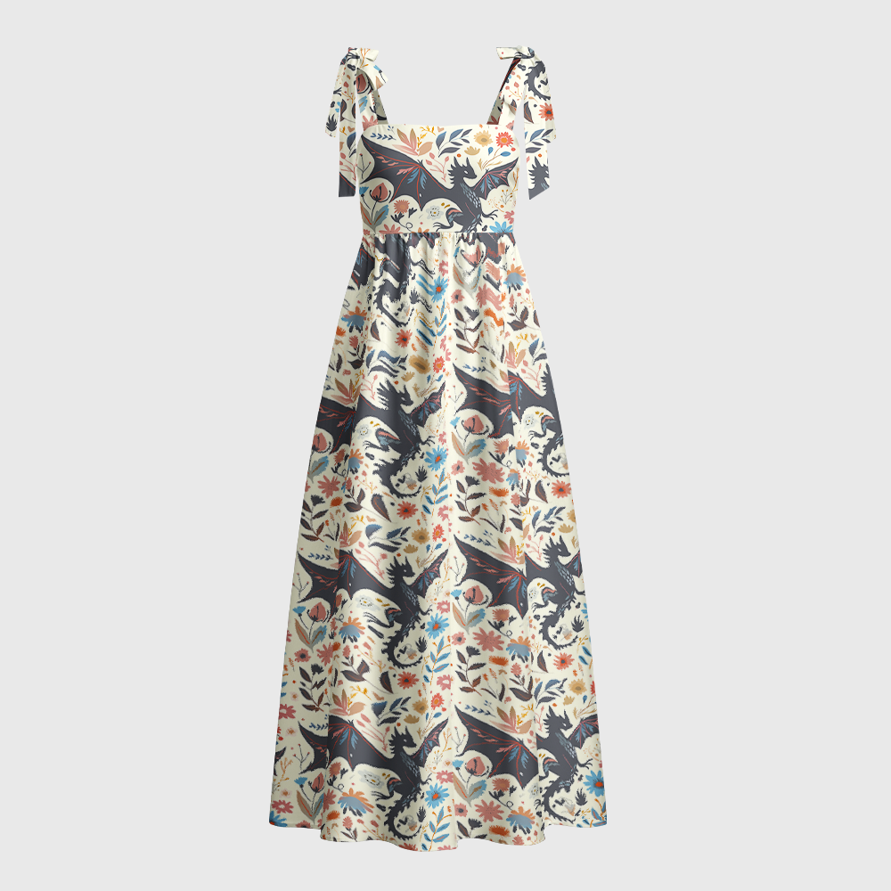 Pagewings Square Neck Fantasy Dragon Tie Shoulder Maxi Dress
