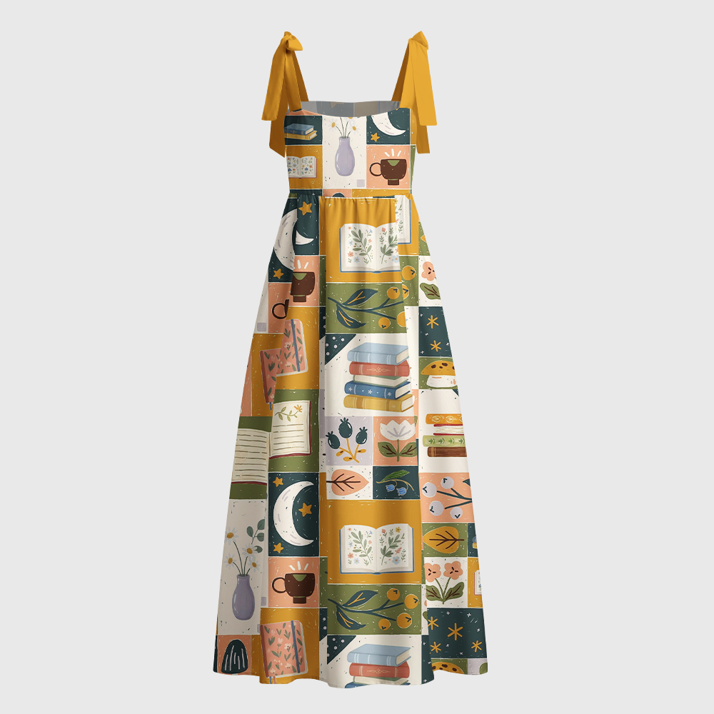 Pagewings Square Neck Plant Floral Tie Shoulder Maxi Dress