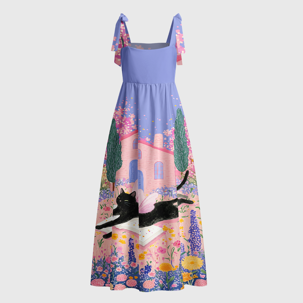 Pagewings Black Cat Book Lover Tie Shoulder Maxi Dress