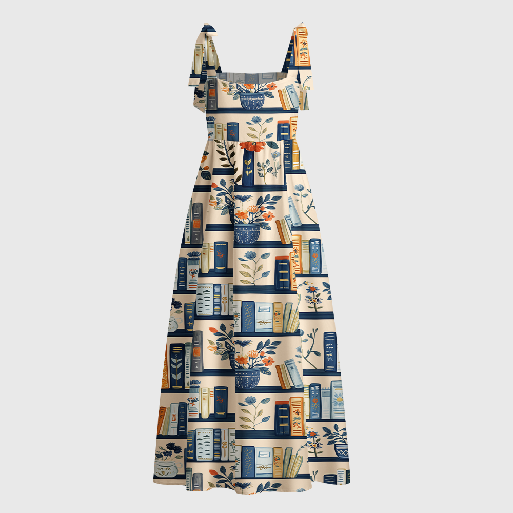 Pagewings Vintage Bookshelf  Library Lover Tie Shoulder Maxi Dress