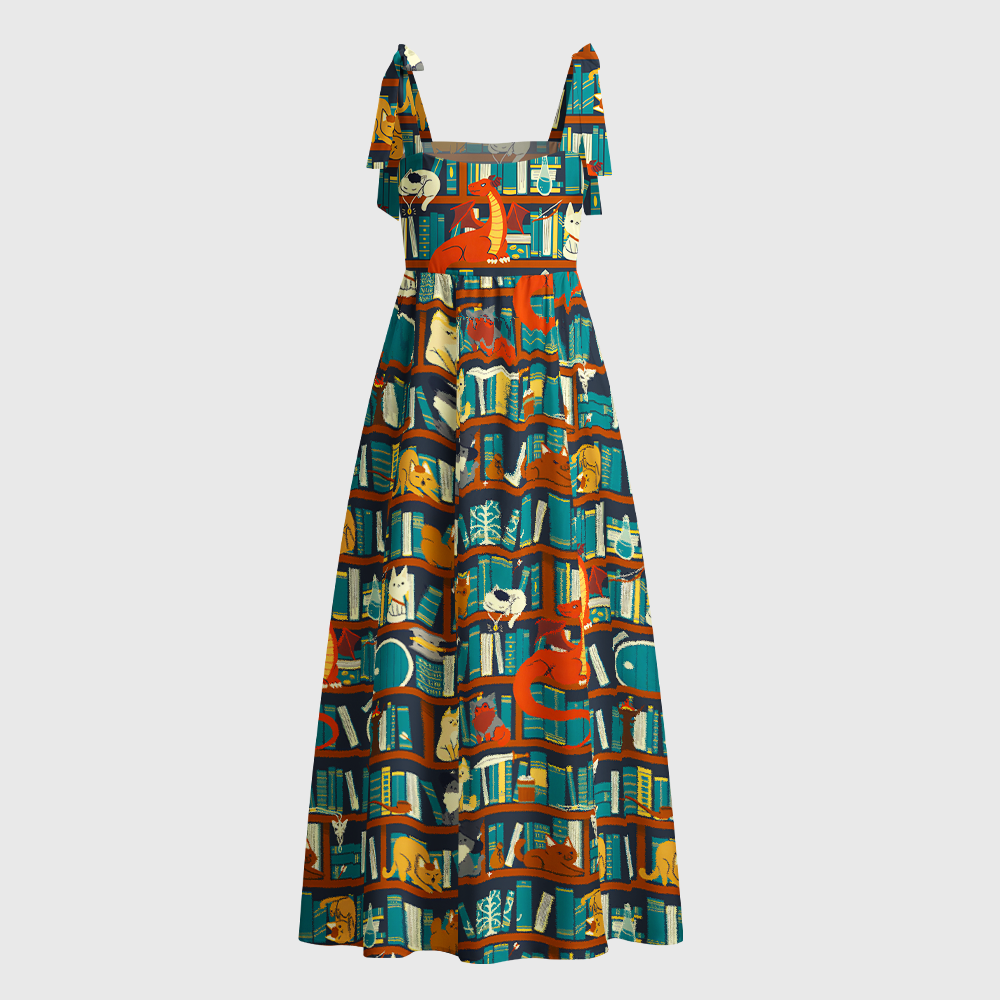 Pagewings Cozy Cats In Library Tie Shoulder Maxi Dress