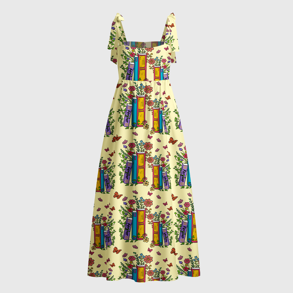 Pagewings Floral Rainbow Bookshelf  Tie Shoulder Maxi Dress