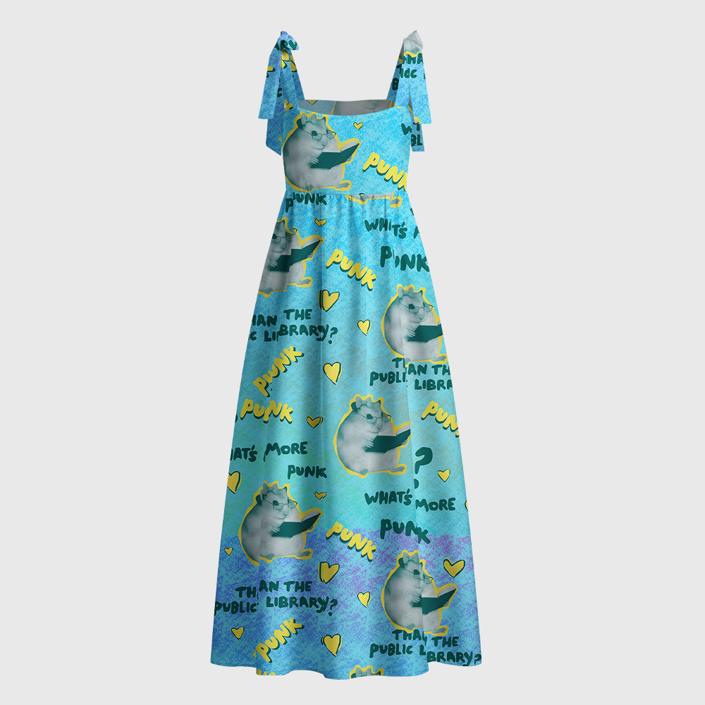 Pagewings Punk Library Cat Tie Shoulder Maxi Dress