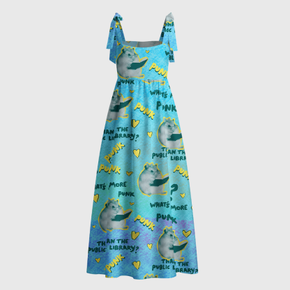 Pagewings Punk Library Cat Tie Shoulder Maxi Dress