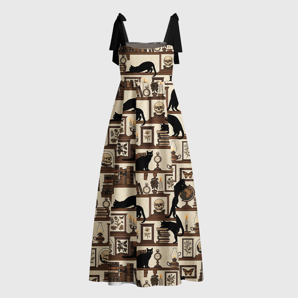 Pagewings Gothic Black Cat Bookshelf Tie Shoulder Maxi Dress