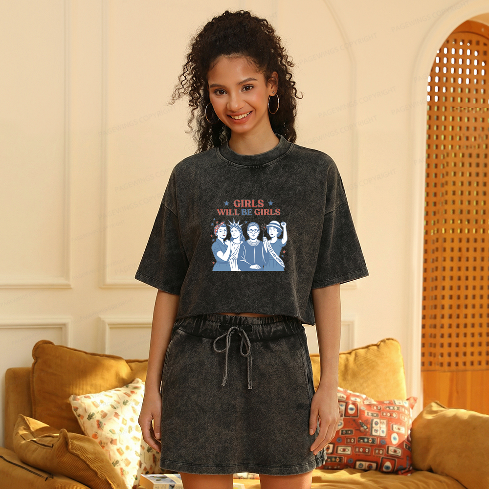 Pagewings Girls Will be Girls Women's Washed Cropped T-shirt
