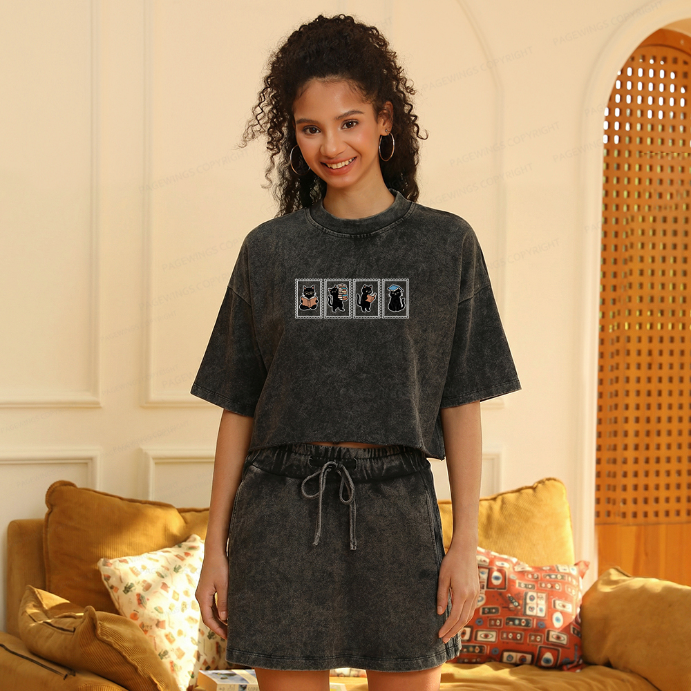 Pagewings Black Cats and Books Women's Washed Cropped T-shirt