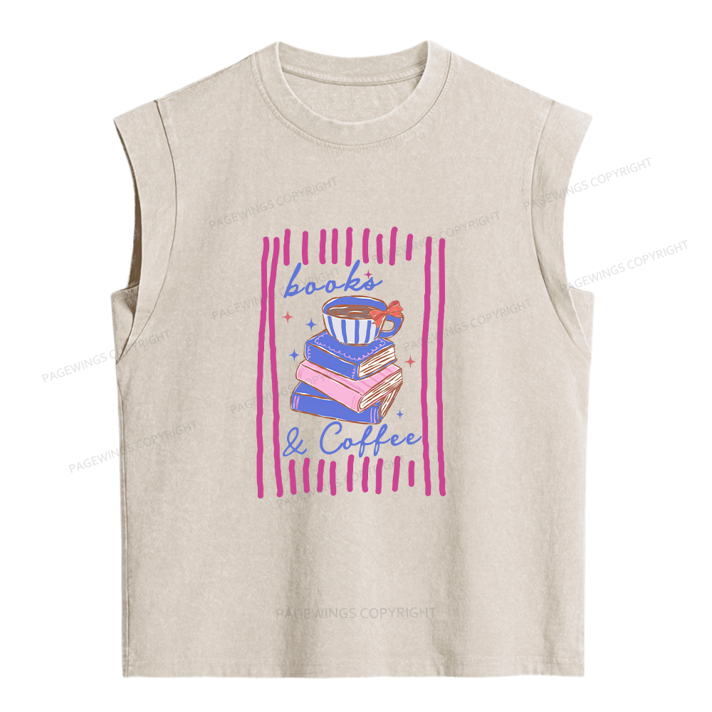 Pagewings Books and Coffee Funny Reader Bookish Women's Washed Tank Top