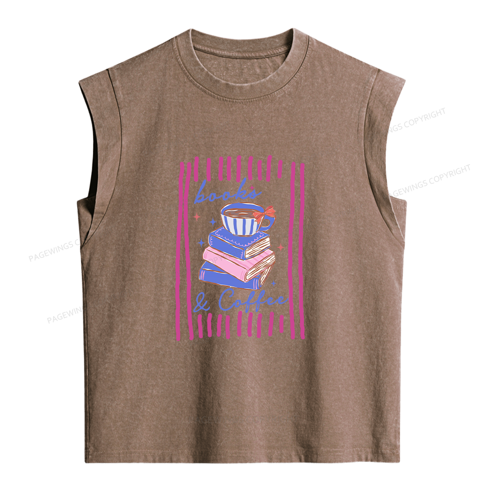 Pagewings Books and Coffee Funny Reader Bookish Women's Washed Tank Top