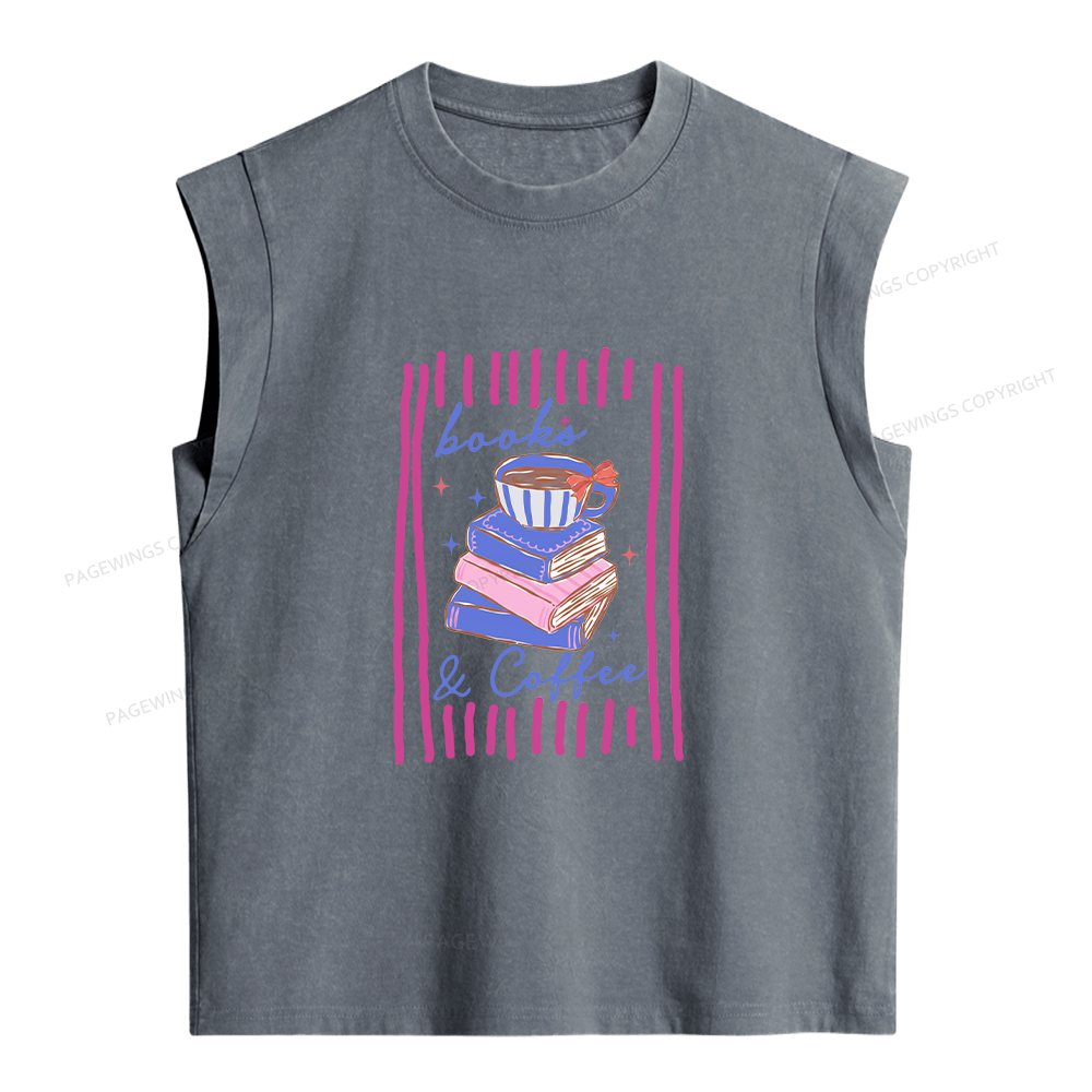 Pagewings Books and Coffee Funny Reader Bookish Women's Washed Tank Top
