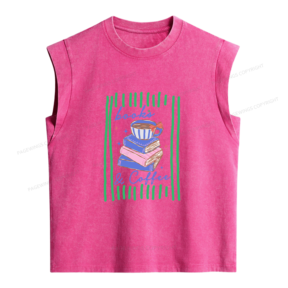 Pagewings Books and Coffee Funny Reader Bookish Women's Washed Tank Top