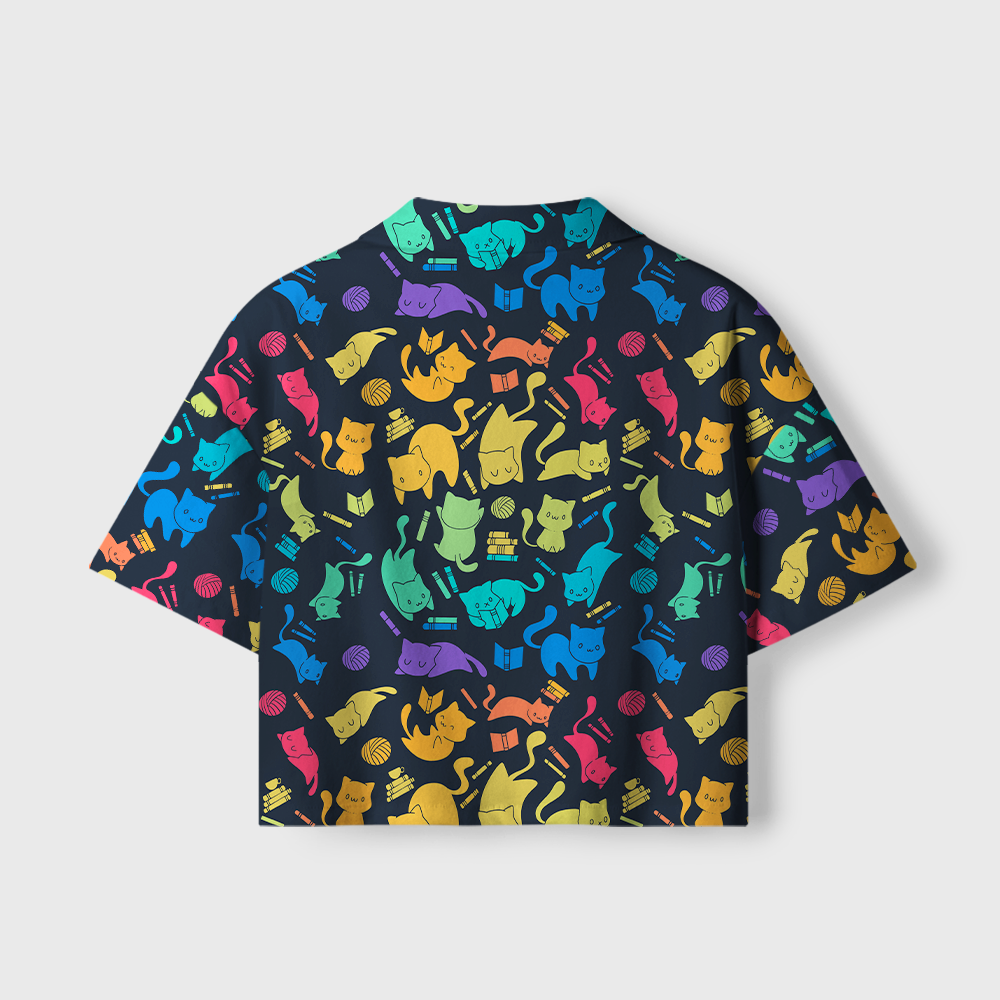 Pagewings Cat Book Lover Camp Collar Women's Camp Shirt
