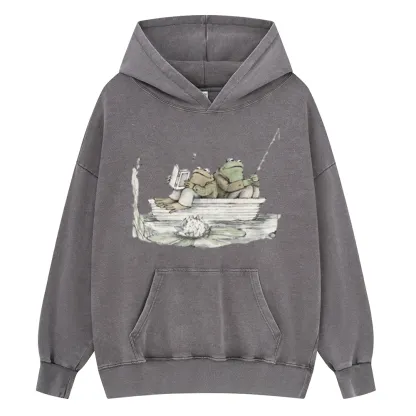 Pagewings Frog Reading Unisex Washed Hoodie
