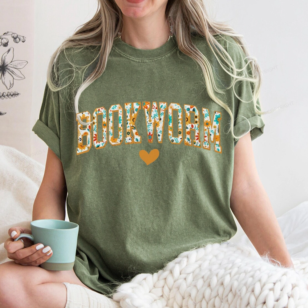 Pagewings Floral Book Worm Lover Unisex Washed T-shirt