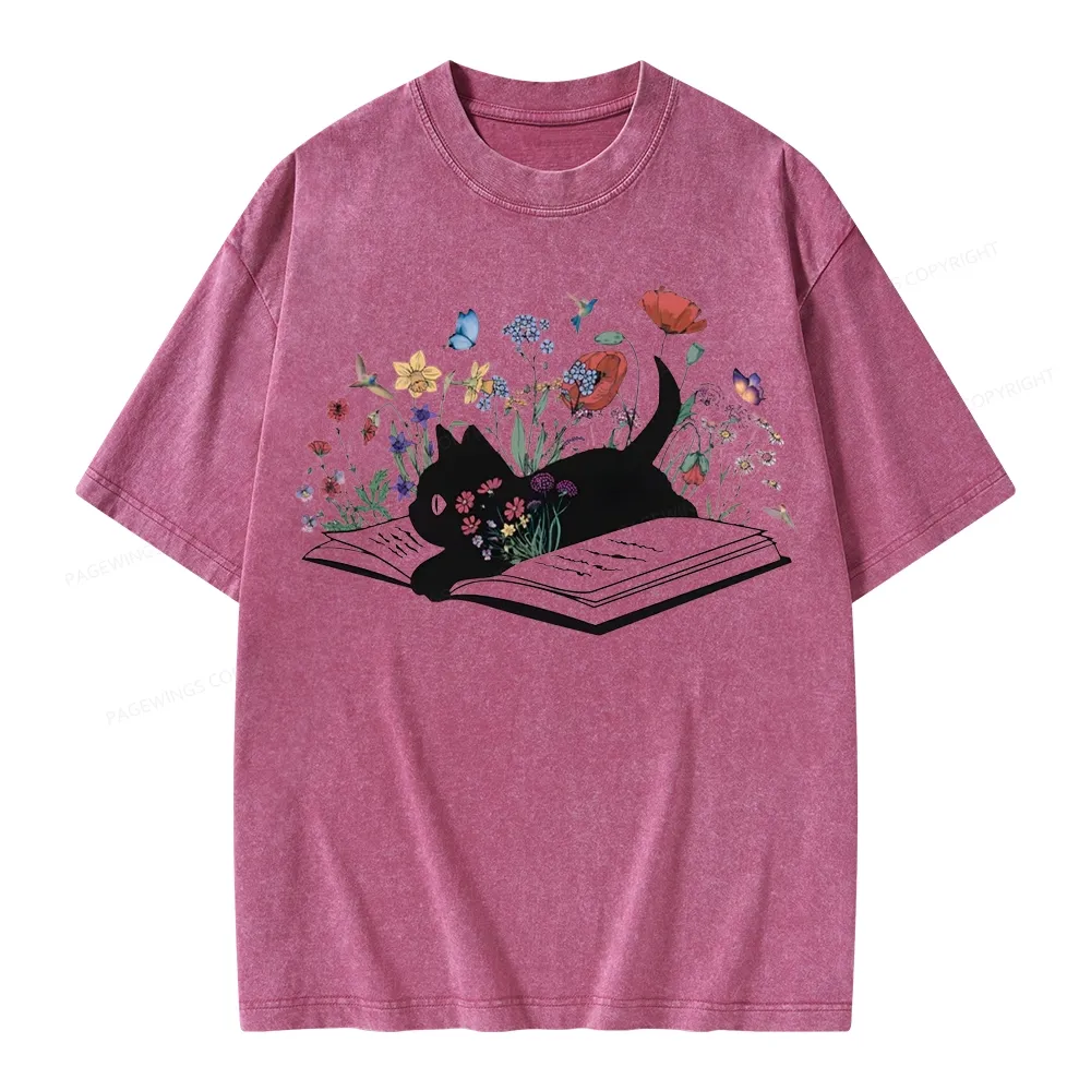 Pagewings Cute Book Cat Unisex Washed T-shirt